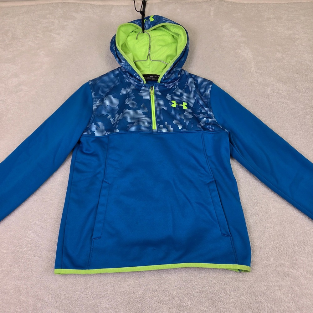 Under Armour ColdGear Boys Hoodie Blue Lime Green Fleece Pullover YLG Large